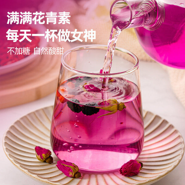 Black Goji Mulberry Rose Tea 50 Count Triangular Bags with Rose Petals
