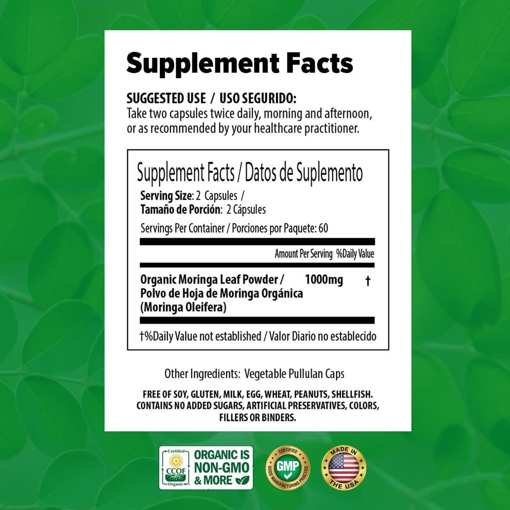 Organic Moringa Capsules 100% Pure 120 Caps, Natural Energy & Immunity Boost