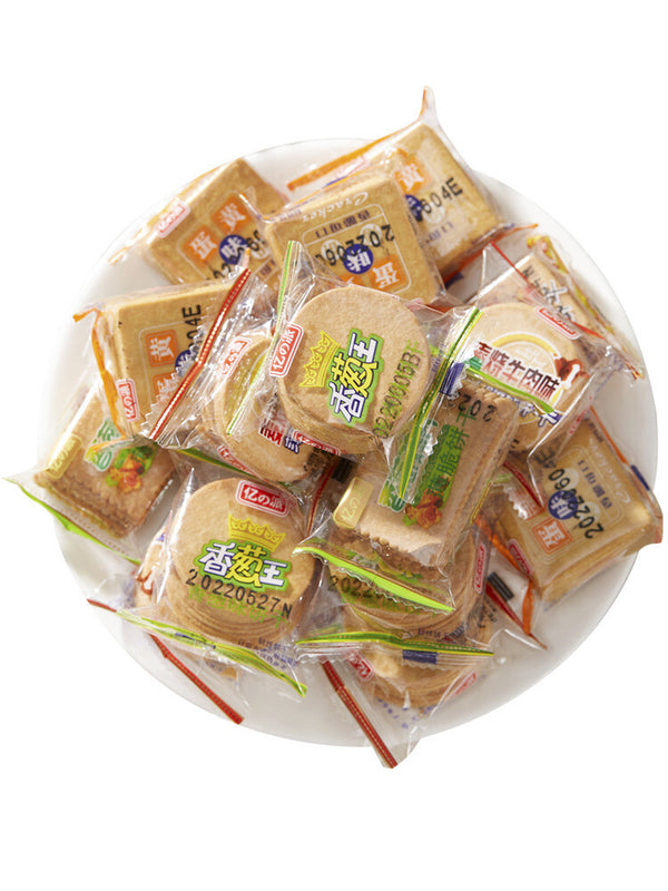 Crispy biscuits, scallions, chicken slices, scallion oil, salty snacks