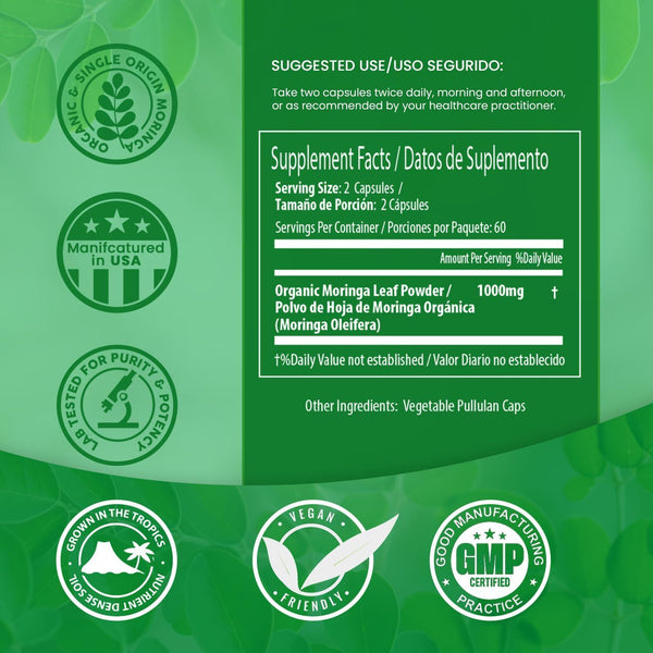 Organic Moringa Capsules 100% Pure 120 Caps, Natural Energy & Immunity Boost