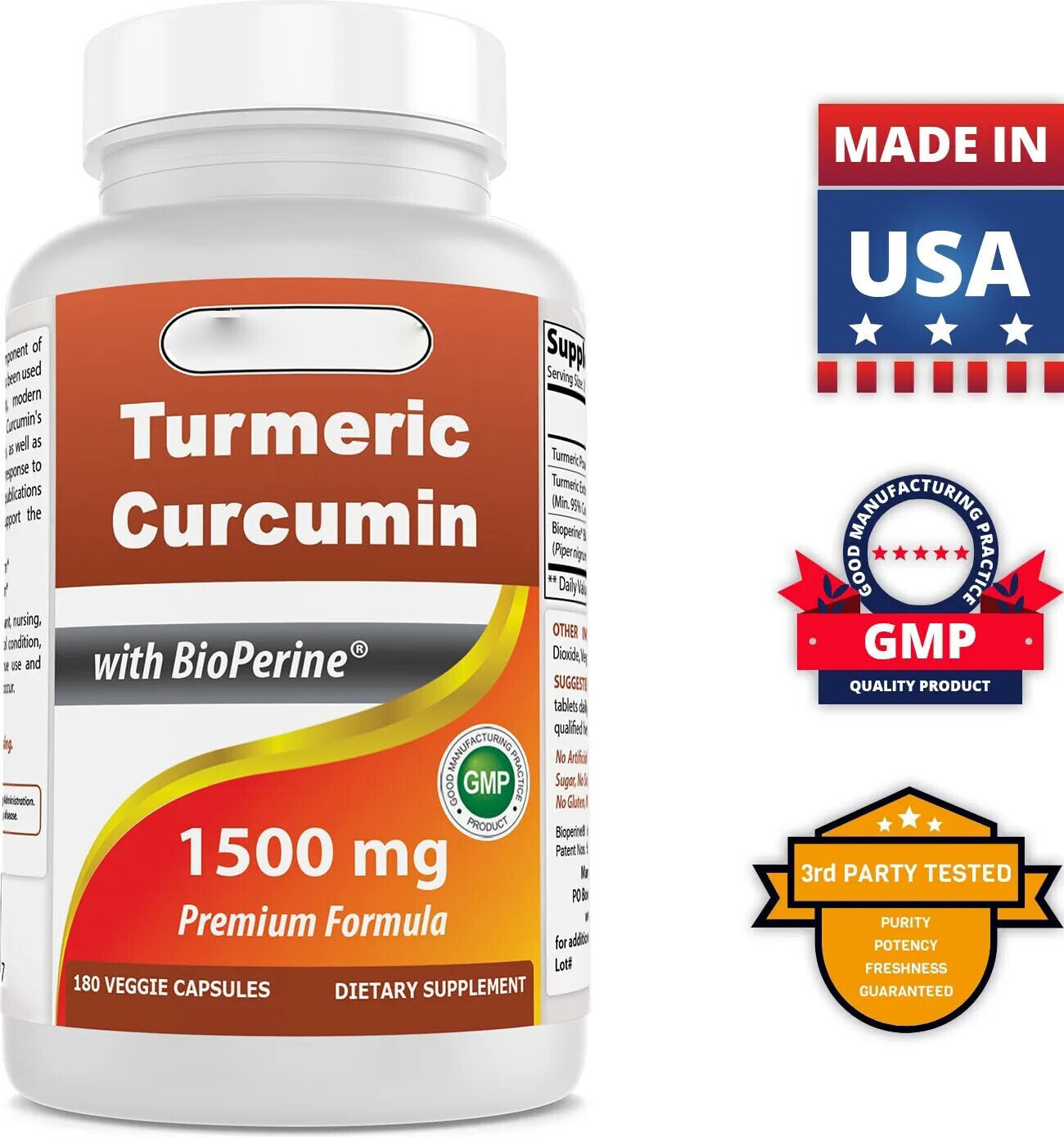 Best Naturals Turmeric Curcumin 1500 mg 180 vegetarian capsules - Secondary image