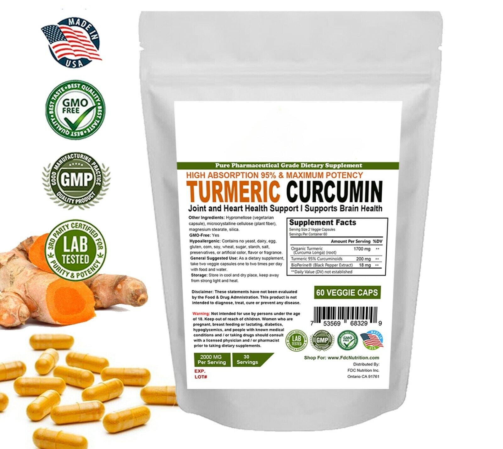 Turmeric Curcumin High Absorption 95% 2000MG with Black Pepper Extract 60 CAPS Main image