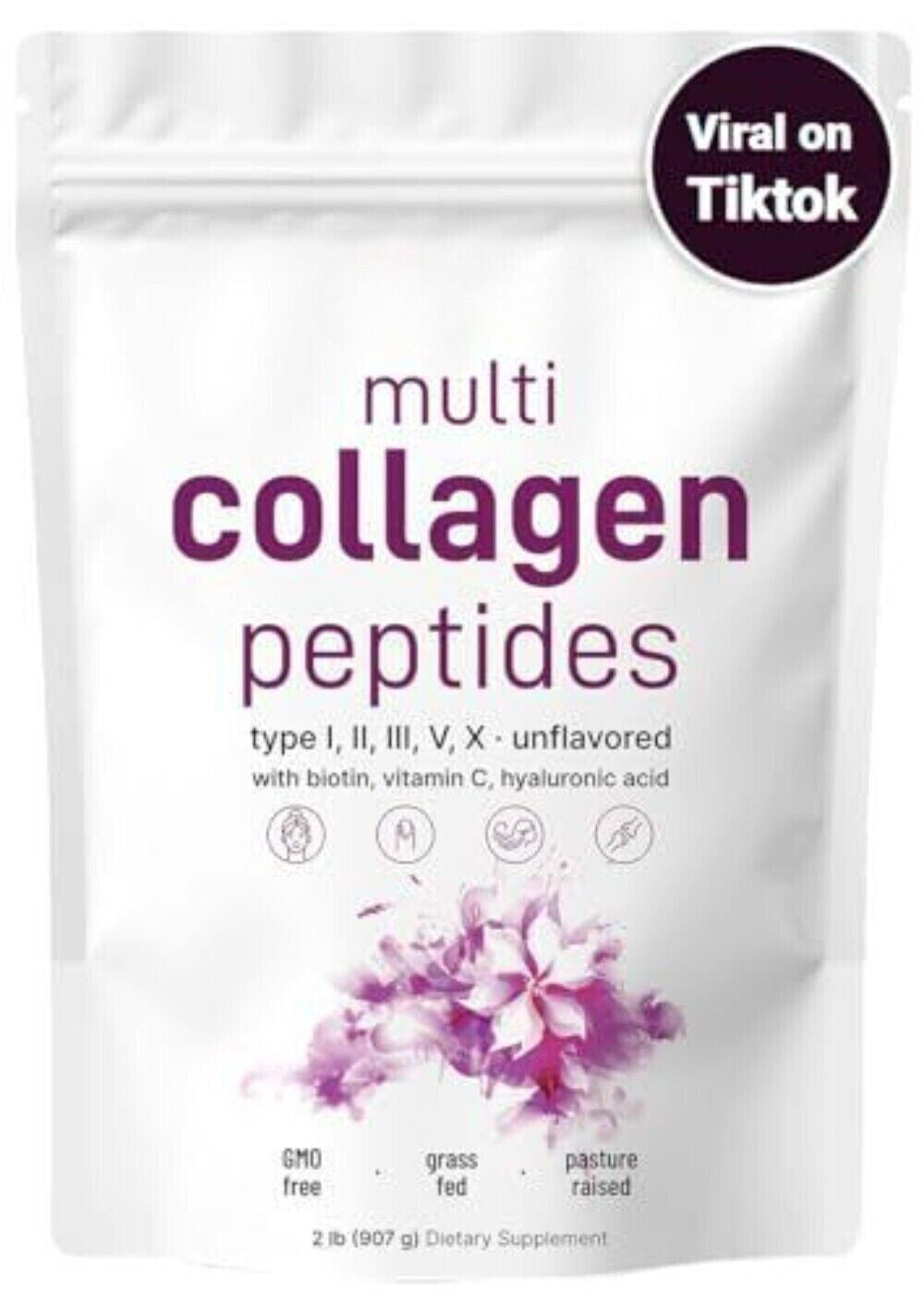 Multi Collagen Protein Powder, 2 Pounds – Type I,II,III,V,X with Biotin 10000... Main image