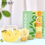 Freeze dried citrus, passion fruit, honey tea, lemon slices, flower fruit tea