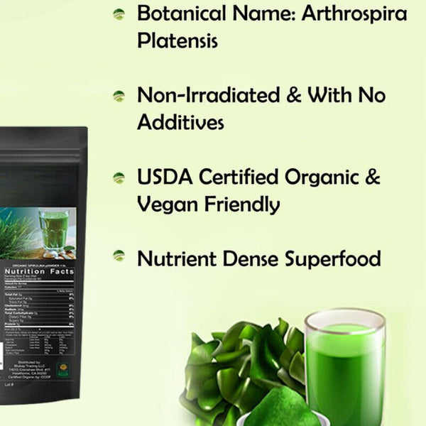 Spirulina Powder Organic 100% Pure Non-Gmo Non-Irradiated 1.1 lb - 17.6 ounce