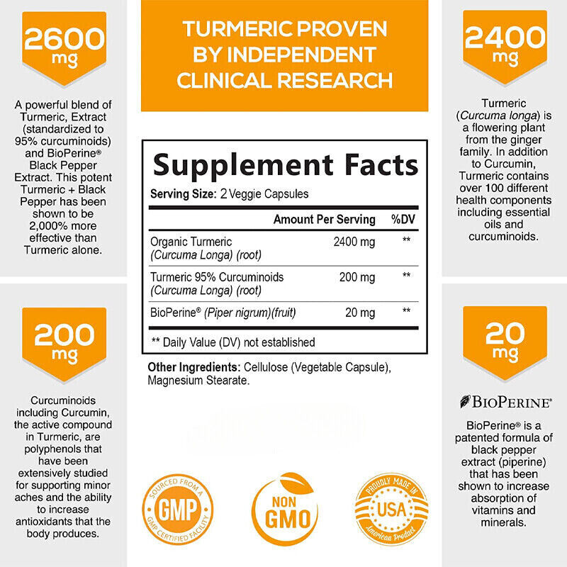 Turmeric Curcumin Highest Potency 95% 2600mg with BioPerine Black Pepper Extract