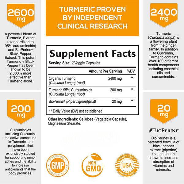 Turmeric Curcumin Highest Potency 95% 2600mg with BioPerine Black Pepper Extract