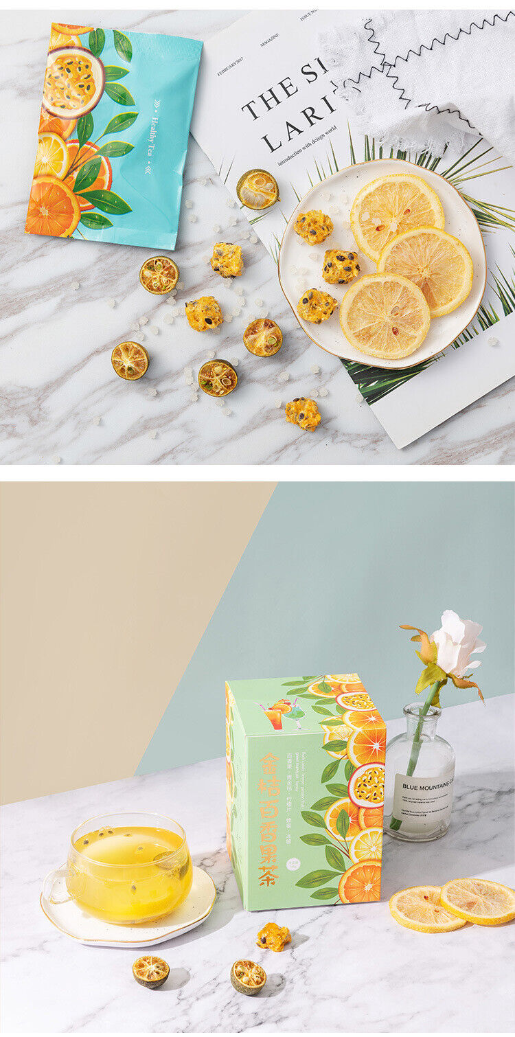 Freeze dried citrus, passion fruit, honey tea, lemon slices, flower fruit tea