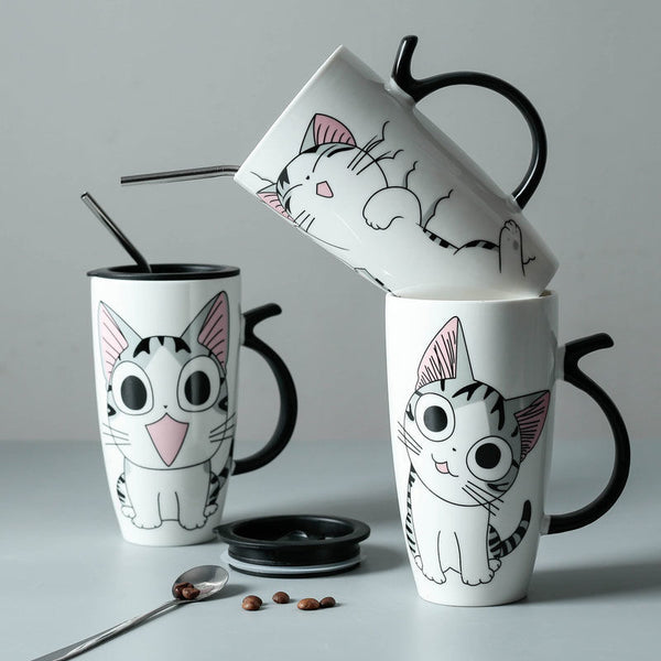 Coffee Cup With Lid And Spoon Cartoon Cat Milk Tea Cup Novelty Gift Ceramic Mug