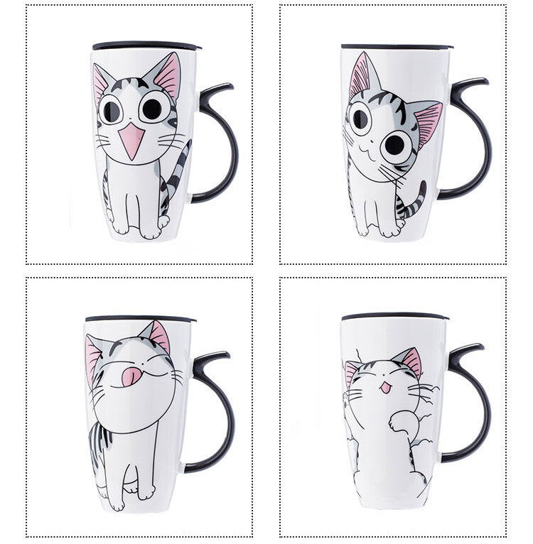Coffee Cup With Lid And Spoon Cartoon Cat Milk Tea Cup Novelty Gift Ceramic Mug