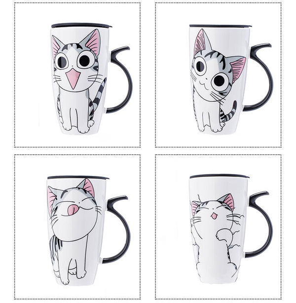 Coffee Cup With Lid And Spoon Cartoon Cat Milk Tea Cup Novelty Gift Ceramic Mug