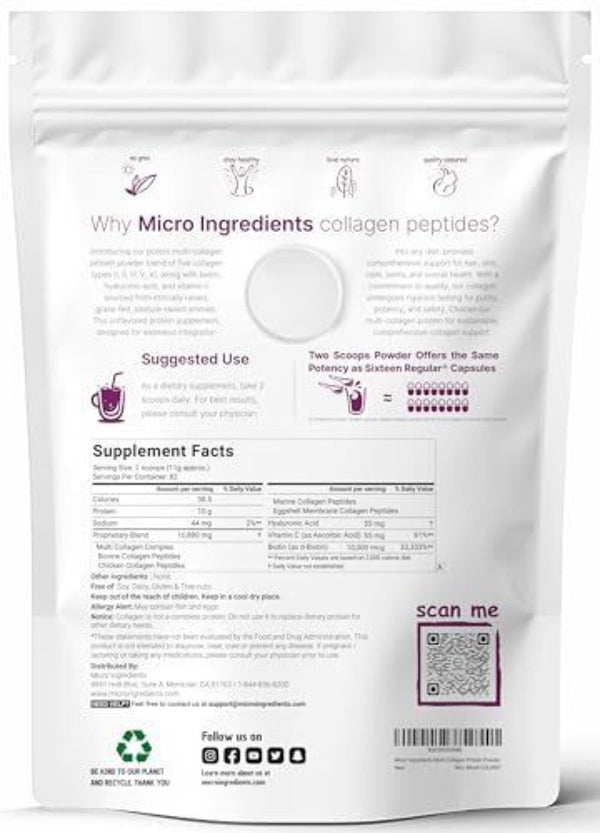Multi Collagen Protein Powder, 2 Pounds – Type I,II,III,V,X with Biotin 10000...