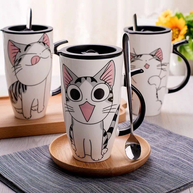 Coffee Cup With Lid And Spoon Cartoon Cat Milk Tea Cup Novelty Gift Ceramic Mug Secondary image