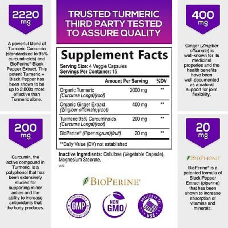 95% Curcuminoids 2600mg Max potency w BioPerine - Turmeric Curcumin with Ginger Secondary image
