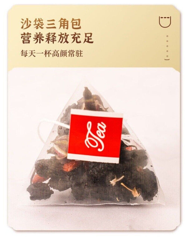 Black Goji Mulberry Rose Tea 50 Count Triangular Bags with Rose Petals