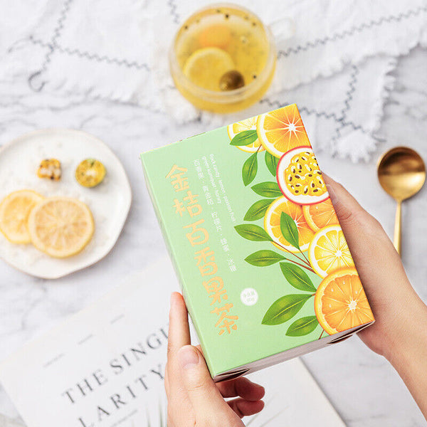 Freeze dried citrus, passion fruit, honey tea, lemon slices, flower fruit tea
