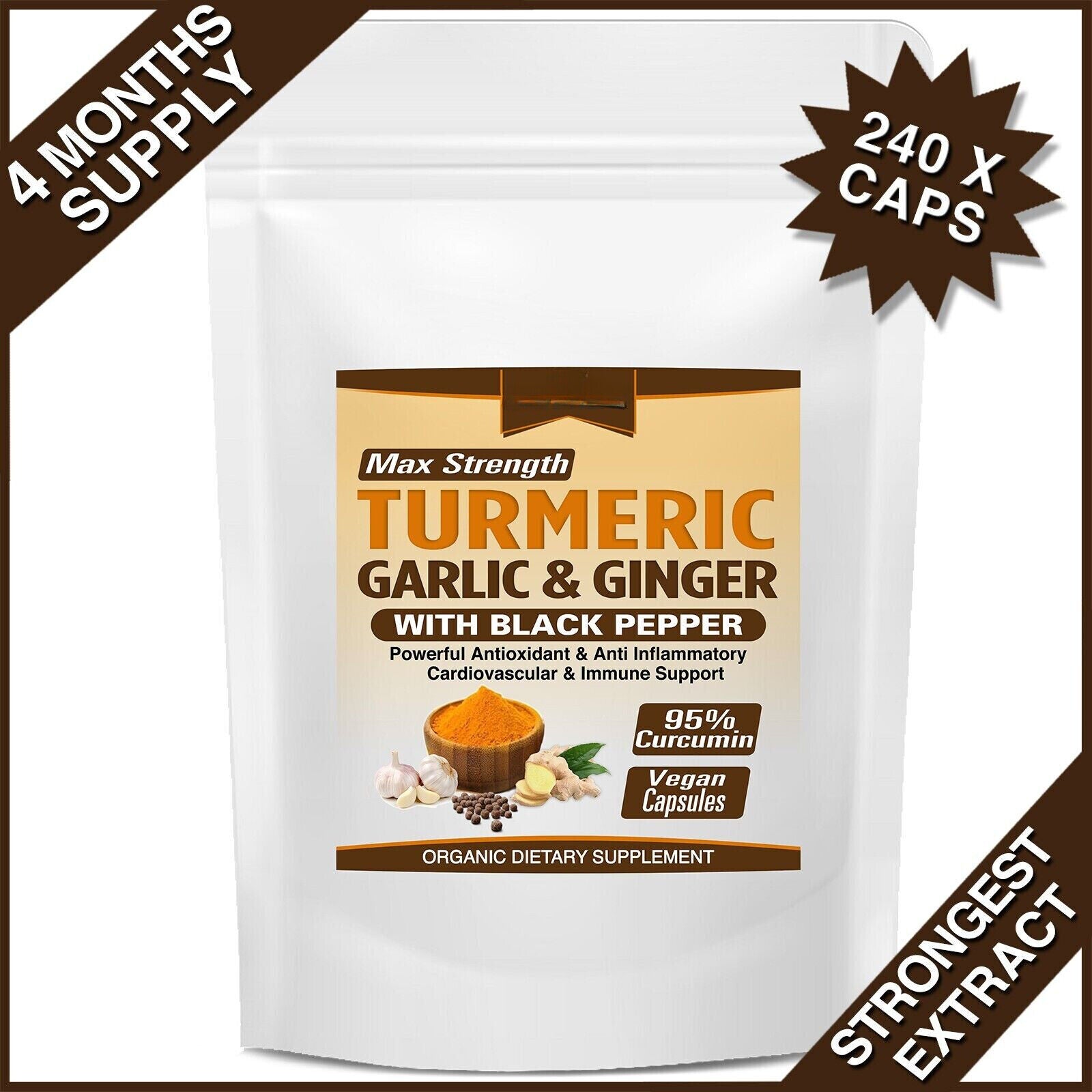 240 CAPSULES TURMERIC GINGER GARLIC BLACK PEPPER PIPERINE CURCUMIN TUMERIC PILLS Main image