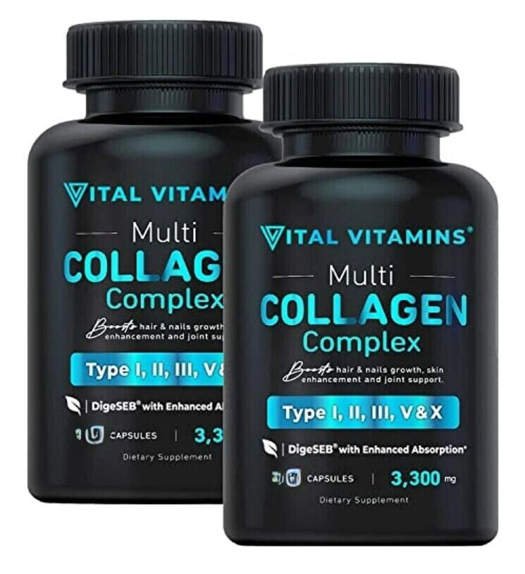 3-PACK Vital Vitamins Multi Collagen Complex - Type I, II, III, V, X, Grass Fed