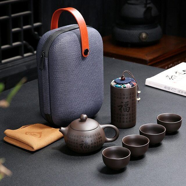 Portable Travel Tea Set Purple Clay Kung Fu Teaset Chinese Ceramic TeaPot 4 Cups Secondary image
