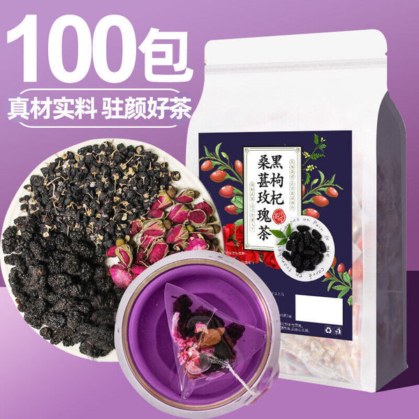 50-Pack Black Goji Mulberry Rose Tea Triangular Bag with Goji and Rose Petals