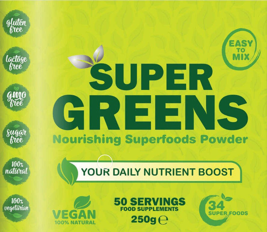 Super Greens Powder 250g 34+ Super Foods Spirulina Chlorella Barley Grass Secondary image