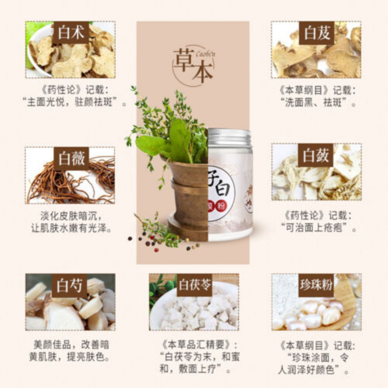 150g 7natural healthy herbal mask powder Pearl powder白皙美颜同仁堂七子白面膜粉白术白芍白茯苓白珍珠粉等组成