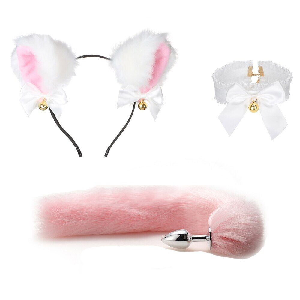 Anal Toys Fox Tail Butt Plug Sex Plush Cat Ear Headband With Bells Necklace Set