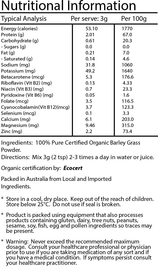Organic Barley Grass Powder, Certified Organic 1kg, Best Available Quality