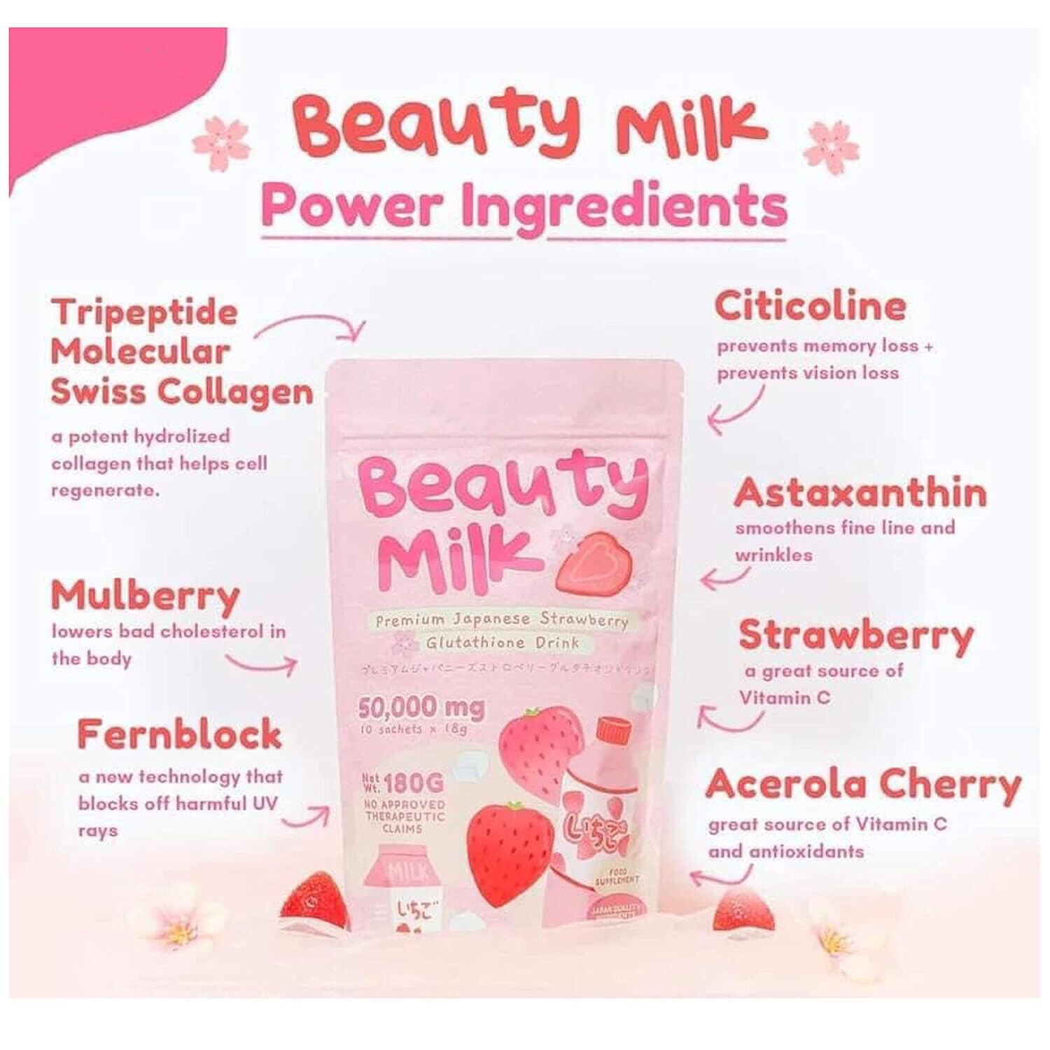 Beauty Milk Powder Strawberry Powder Instant Collagen Drink 180g/bag Secondary image