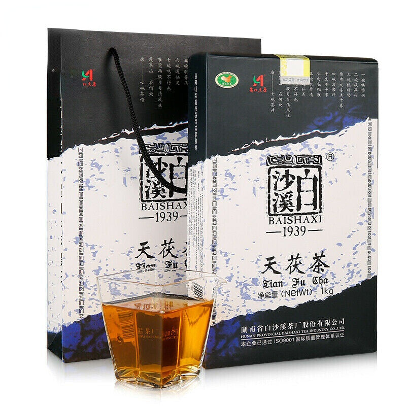 1000g TIAN FU CHA Anhua Baishaxi 1939 Dark Tea Black Tea Gold Flower Tea Brick