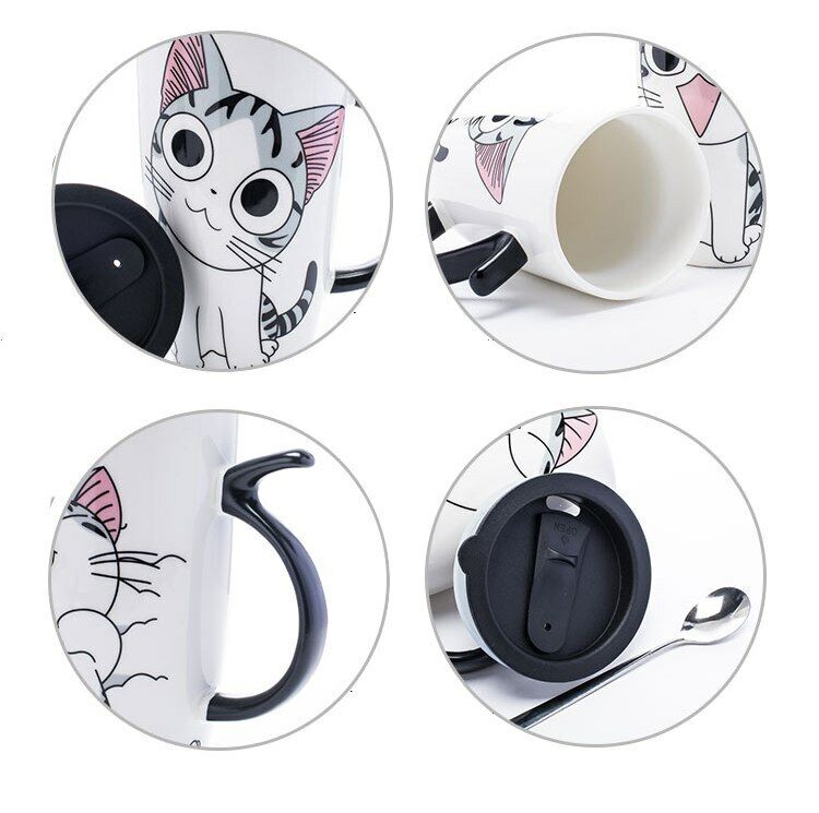 Coffee Cup With Lid And Spoon Cartoon Cat Milk Tea Cup Novelty Gift Ceramic Mug