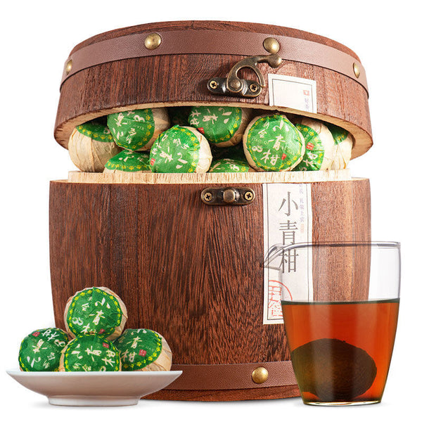 Premium Pu-erh Ripe Tea with Small Green Tangerine 500g in Wooden Barrel
