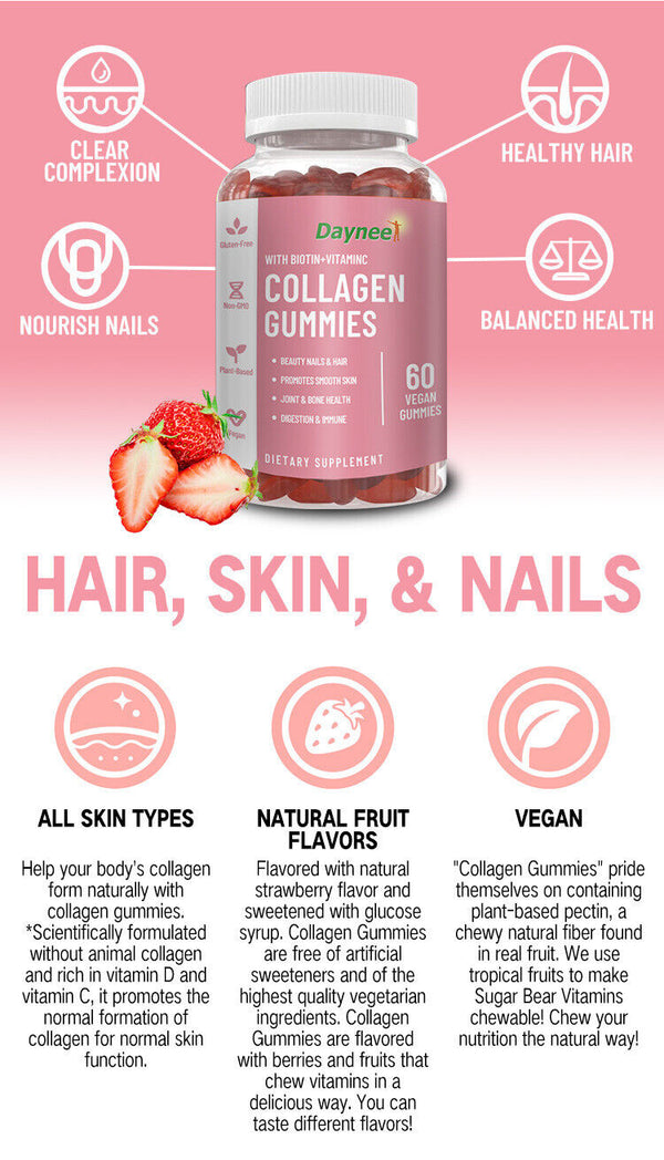 Biotin Vitamin C Collagen Gummies Nails Hair Skin Beauty 60 Vegan Capsules