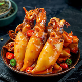 Spicy ready-to-eat seafood snack: baby octopus and octopus in glass