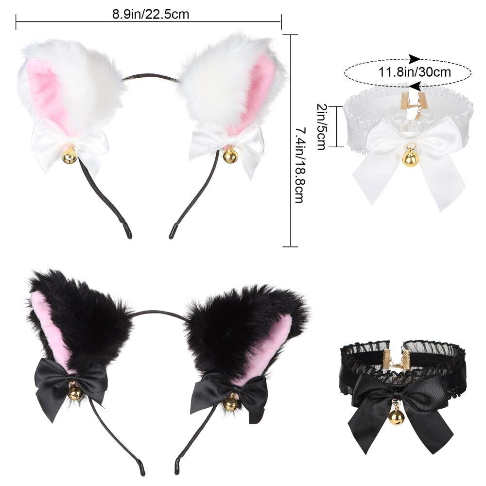 Anal Toys Fox Tail Butt Plug Sex Plush Cat Ear Headband With Bells Necklace Set