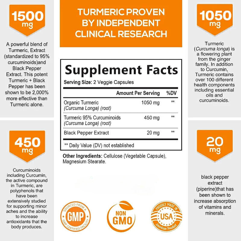 Turmeric Curcumin with Ginger & Black pepper 1500mg Triple Strength 120 Capsules