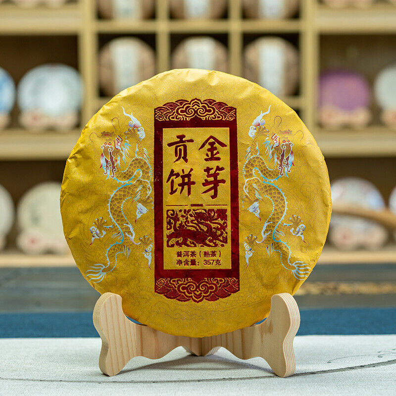 357g Yunnan Brown Mountain Ancient Aged Golden Bud Tribute Cake Ripe Puerh Tea Secondary image