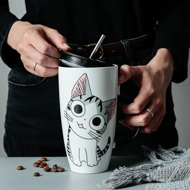 Coffee Cup With Lid And Spoon Cartoon Cat Milk Tea Cup Novelty Gift Ceramic Mug