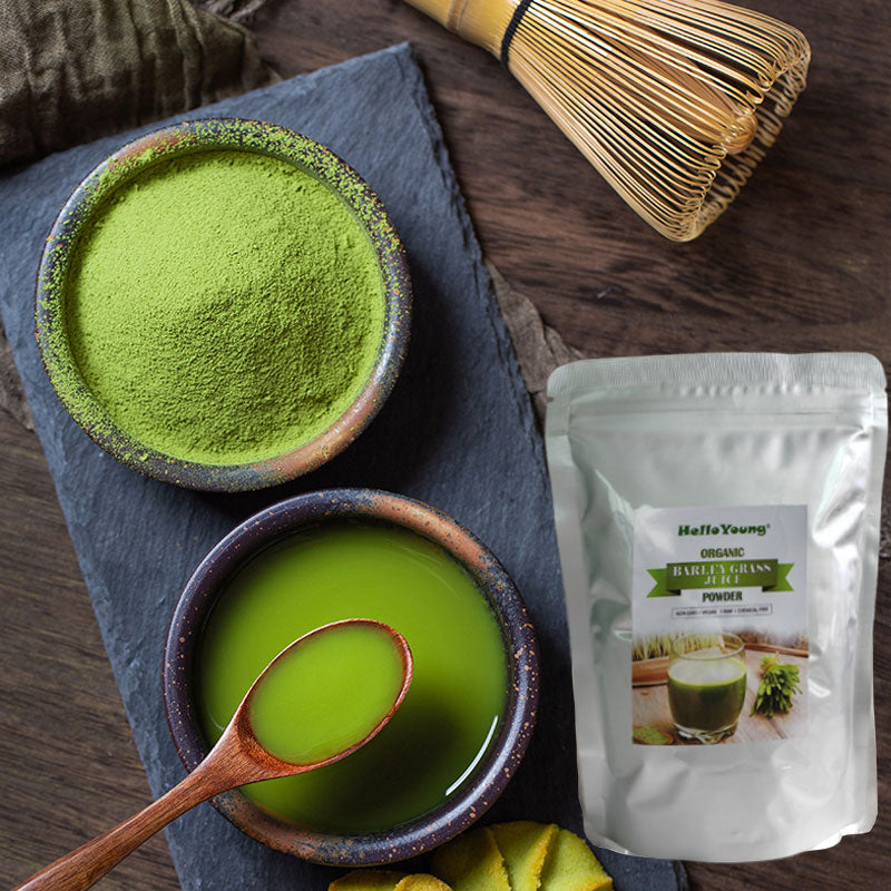 HelloYoung Organic Barley Grass Powder 250g Non-GMO, Finely Ground Whole Dried Young Leaves, Pure, Kosher, Vegan, Bulk. Good Source of Fiber, Protein. Great for Juices, Smoothies, Shakes, Yogurts Main image
