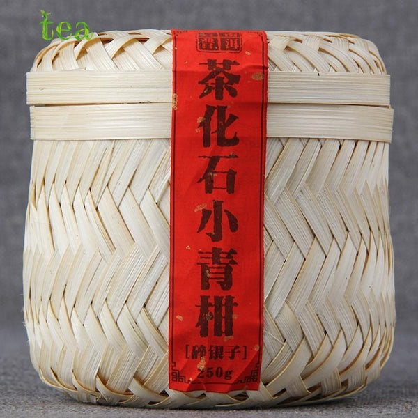 CIFbuy Fossil Tea, Small Green Citrus, Black Pearl Yunnan Pu-erh, Citrus Pu-erh Xin Hui, Fossil Pu-erh Tea, Small Green Citrus, Bamboo Basket