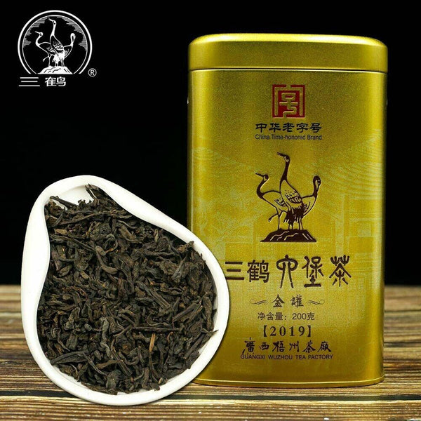 Three Cranes  Loose Dark Tea Guangxi Liupao Box Tea Hei Cha Golden Jar 200g