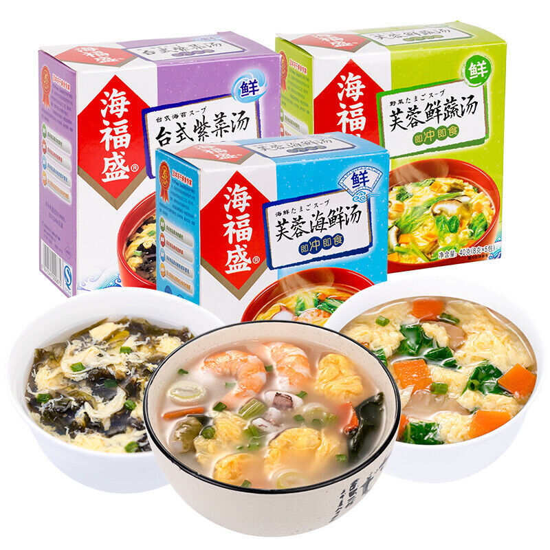 Chinese Food Snacks Instant Soup 零食中国食品小吃 冲泡即食速食汤料包 方便速溶汤 海福盛 芙蓉鲜蔬/海鲜/紫菜 3盒*40g Main image