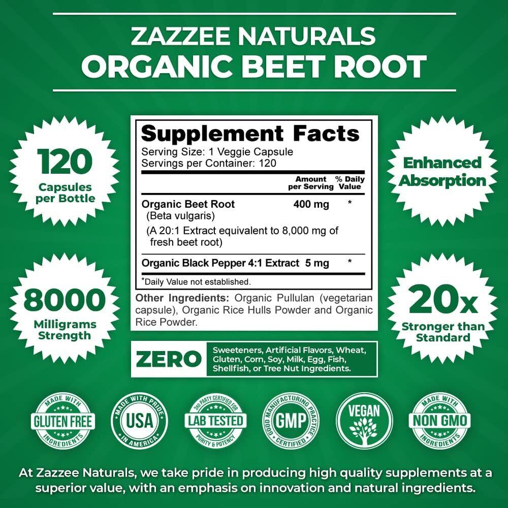 USDA Organic Extra Strength Beet Root 20:1 Extract 8000 mg Strength 120 Capsules Secondary image