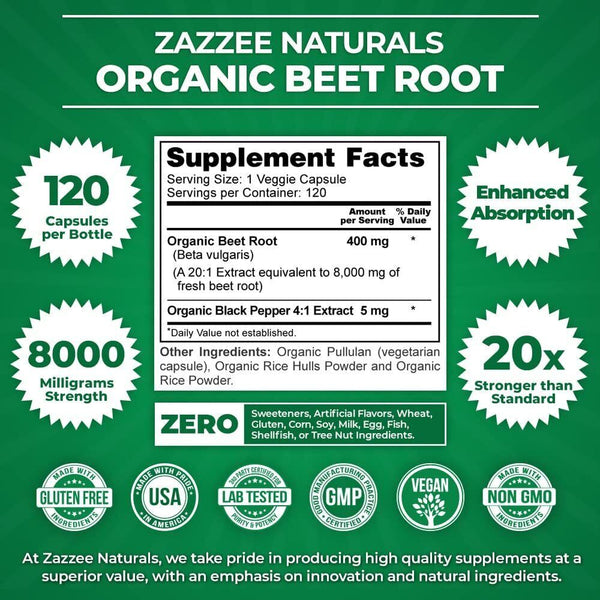 USDA Organic Extra Strength Beet Root 20:1 Extract 8000 mg Strength 120 Capsules