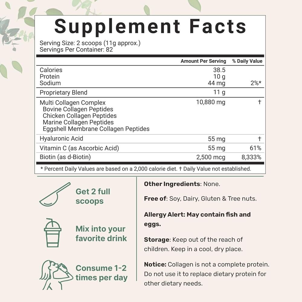 Multi Collagen Protein Powder, 1 Pounds – Type I,II,III,V,X with Biotin 10000mcg