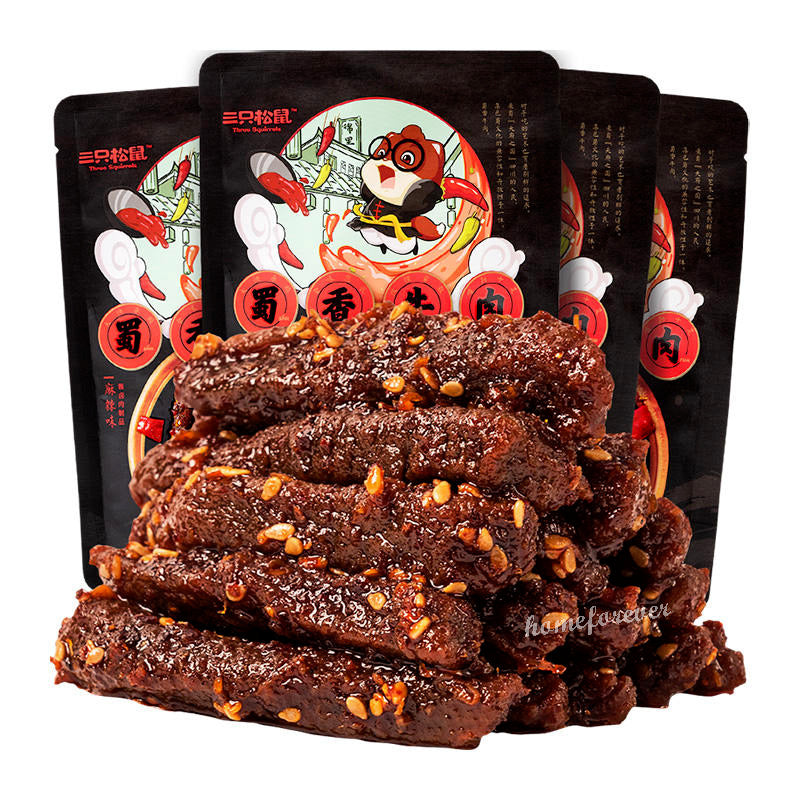 Three Squirrels Spicy Beef Snack Chinese Food Snack Specialty 4 Bags 三只松鼠蜀香牛肉 Main image