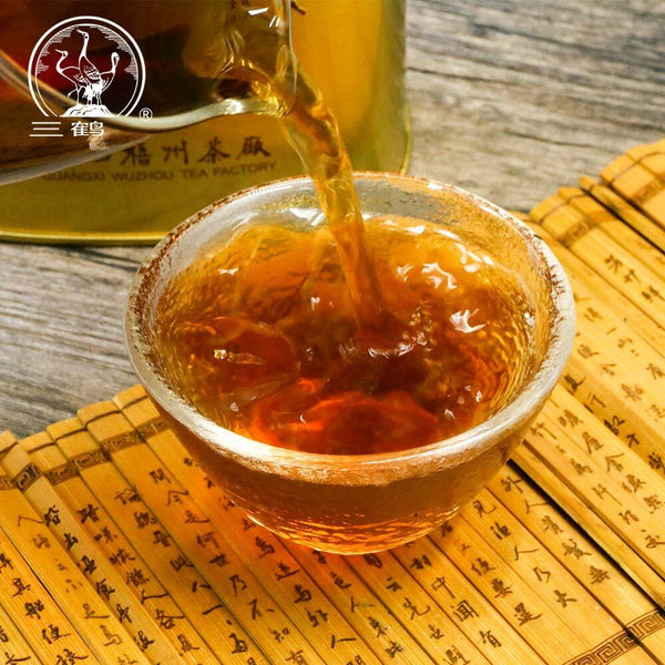 Three Cranes  Loose Dark Tea Guangxi Liupao Box Tea Hei Cha Golden Jar 200g