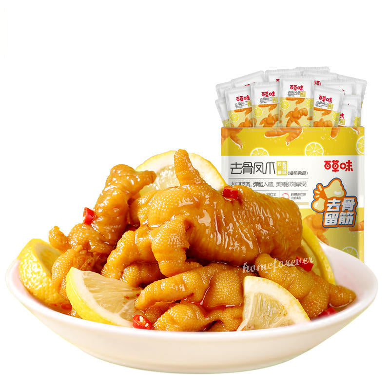 400g Baicaowei Lemon Spicy Chicken Feet Snacks Without Bone 百草味去骨凤爪无骨鸡爪柠檬酸辣味中国零食 Main image