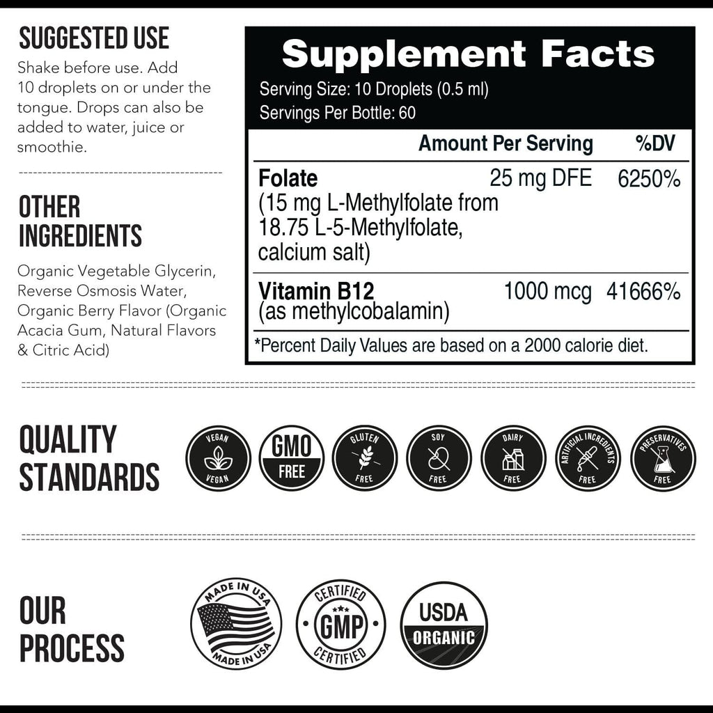 L-Methyl Folate 15mg + Methyl B12 Cofactor - Organic Berry Flavor
