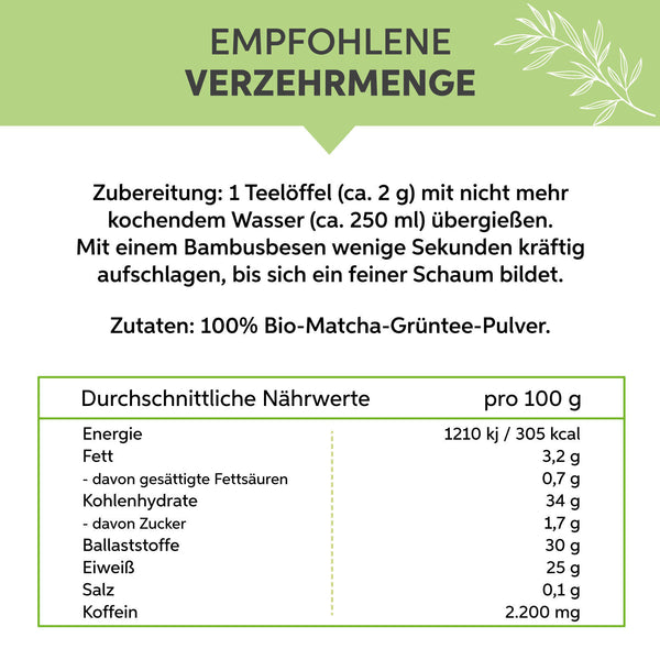 Bio Matcha Pulver Tee 50g | Premium Matchapulver | 100% ohne Zusätze | Grüntee